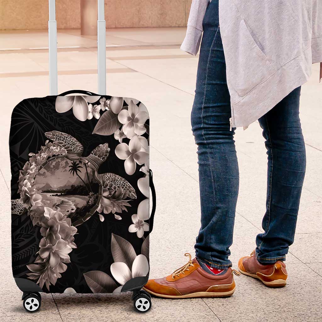 Hawaiian Lei Day Luggage Cover Plumeria and Turtle with Polynesian Tribal Pattern Grayscale Color