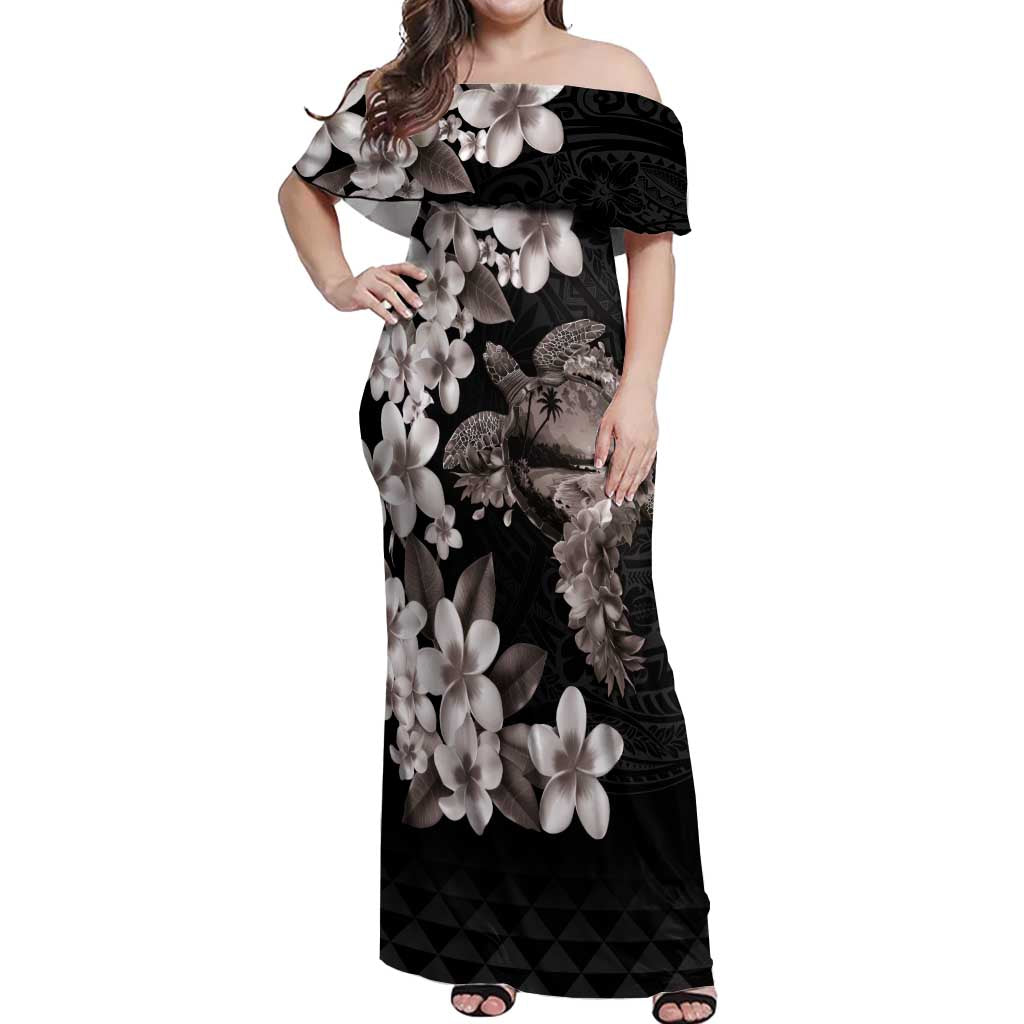 Hawaiian Lei Day Off Shoulder Maxi Dress Plumeria and Turtle with Polynesian Tribal Pattern Grayscale Color LT03 Women Black - Polynesian Pride