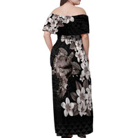 Hawaiian Lei Day Off Shoulder Maxi Dress Plumeria and Turtle with Polynesian Tribal Pattern Grayscale Color LT03 - Polynesian Pride
