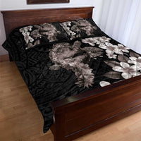 Hawaiian Lei Day Quilt Bed Set Plumeria and Turtle with Polynesian Tribal Pattern Grayscale Color