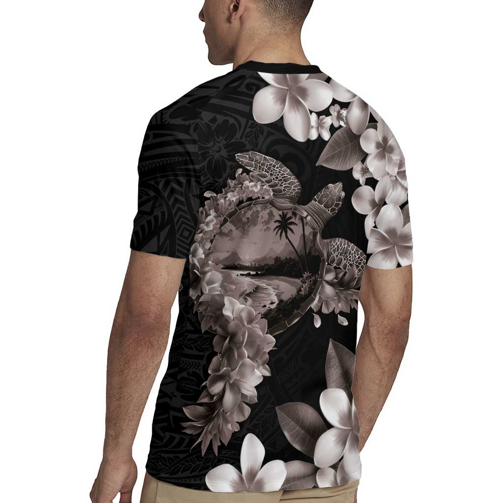 Hawaiian Lei Day Rugby Jersey Plumeria and Turtle with Polynesian Tribal Pattern Grayscale Color