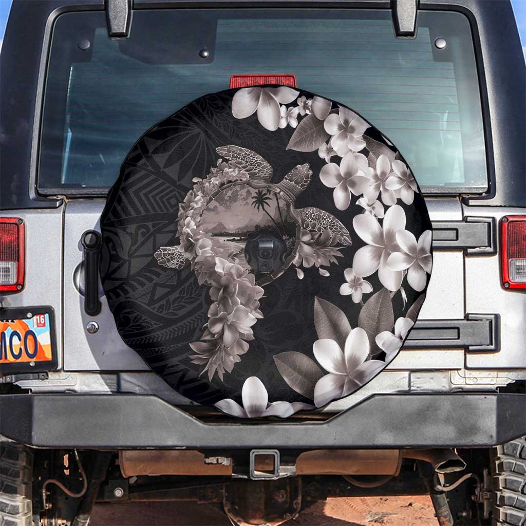 Hawaiian Lei Day Spare Tire Cover Plumeria and Turtle with Polynesian Tribal Pattern Grayscale Color