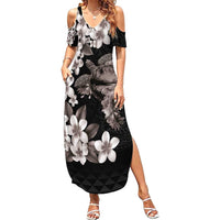 Hawaiian Lei Day Summer Maxi Dress Plumeria and Turtle with Polynesian Tribal Pattern Grayscale Color LT03 Women Black - Polynesian Pride