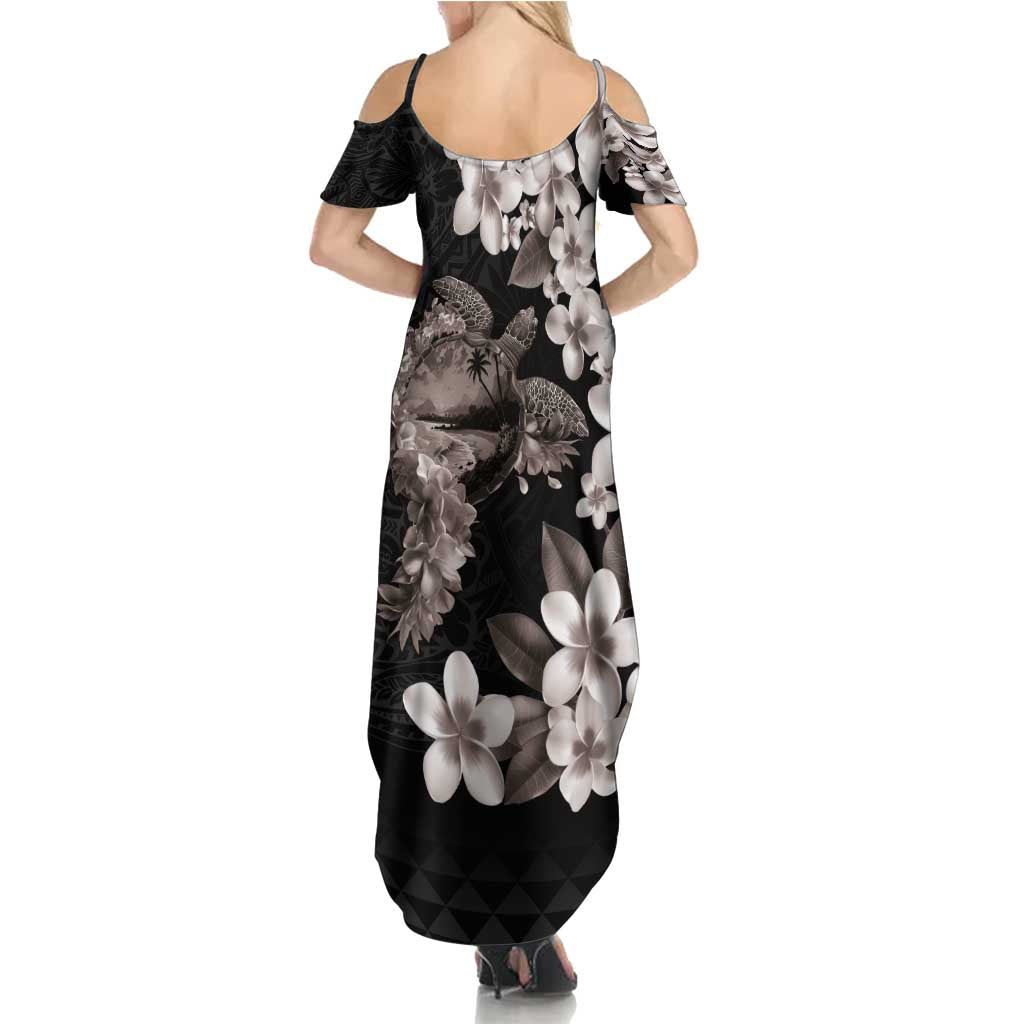 Hawaiian Lei Day Summer Maxi Dress Plumeria and Turtle with Polynesian Tribal Pattern Grayscale Color LT03 - Polynesian Pride