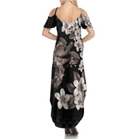 Hawaiian Lei Day Summer Maxi Dress Plumeria and Turtle with Polynesian Tribal Pattern Grayscale Color LT03 - Polynesian Pride