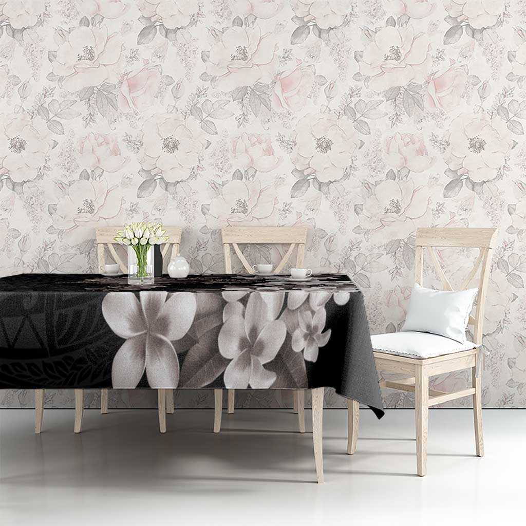 Hawaiian Lei Day Tablecloth Plumeria and Turtle with Polynesian Tribal Pattern Grayscale Color