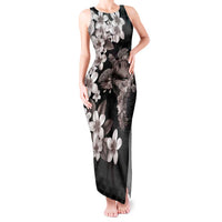 Hawaiian Lei Day Tank Maxi Dress Plumeria and Turtle with Polynesian Tribal Pattern Grayscale Color LT03 Women Black - Polynesian Pride