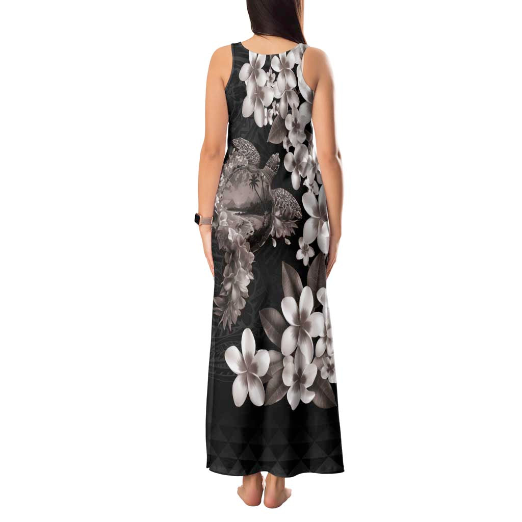 Hawaiian Lei Day Tank Maxi Dress Plumeria and Turtle with Polynesian Tribal Pattern Grayscale Color LT03 - Polynesian Pride