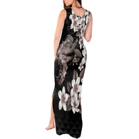 Hawaiian Lei Day Tank Maxi Dress Plumeria and Turtle with Polynesian Tribal Pattern Grayscale Color LT03 - Polynesian Pride