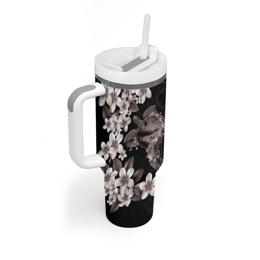 Hawaiian Lei Day Tumbler With Handle Plumeria and Turtle with Polynesian Tribal Pattern Grayscale Color