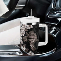 Hawaiian Lei Day Tumbler With Handle Plumeria and Turtle with Polynesian Tribal Pattern Grayscale Color