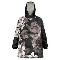 Hawaiian Lei Day Wearable Blanket Hoodie Plumeria and Turtle with Polynesian Tribal Pattern Grayscale Color LT03 One Size Black - Polynesian Pride