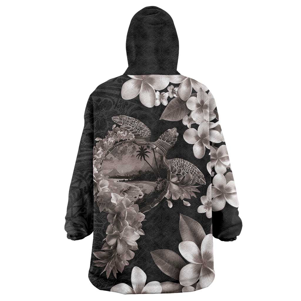 Hawaiian Lei Day Wearable Blanket Hoodie Plumeria and Turtle with Polynesian Tribal Pattern Grayscale Color LT03 - Polynesian Pride