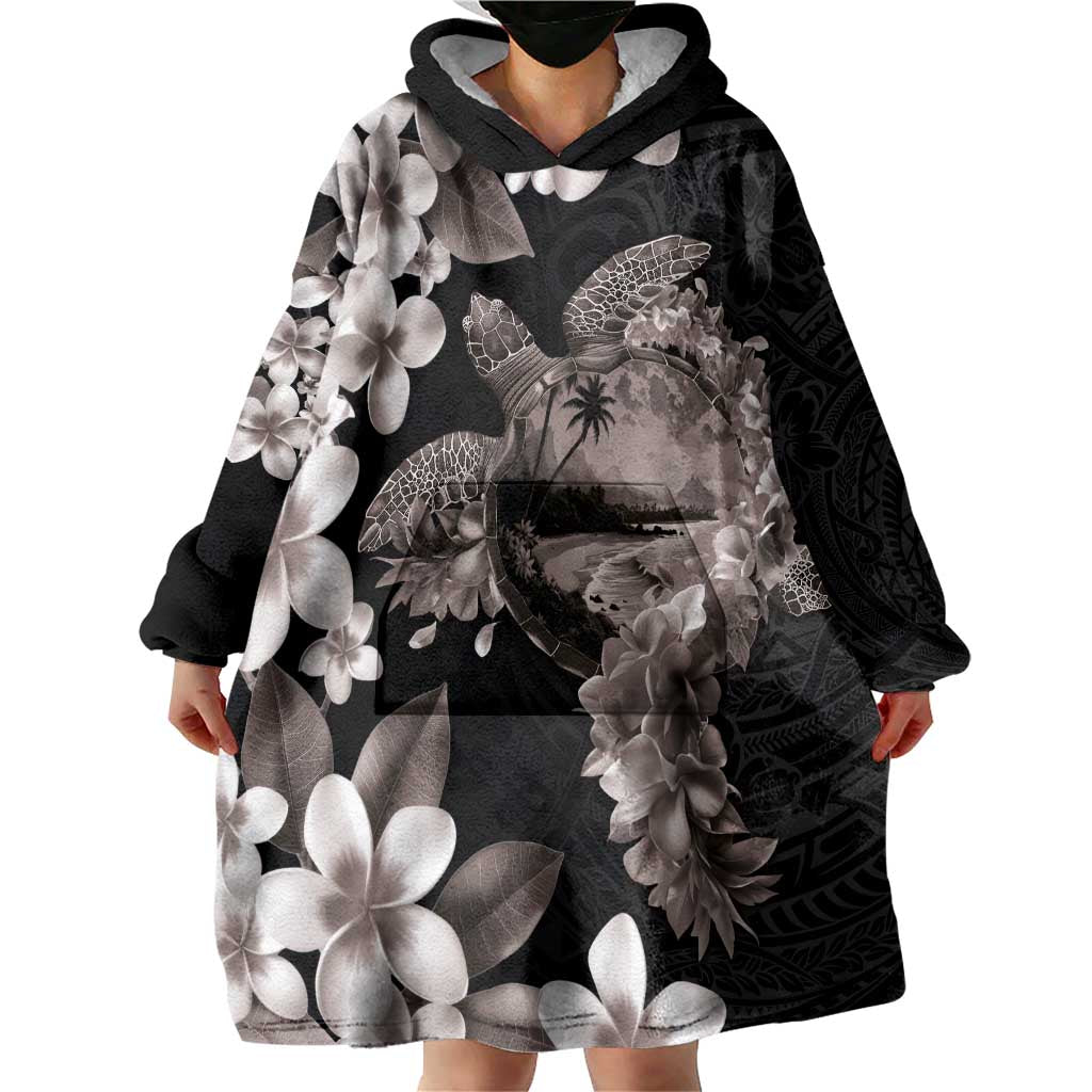 Hawaiian Lei Day Wearable Blanket Hoodie Plumeria and Turtle with Polynesian Tribal Pattern Grayscale Color LT03 - Polynesian Pride