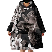 Hawaiian Lei Day Wearable Blanket Hoodie Plumeria and Turtle with Polynesian Tribal Pattern Grayscale Color LT03 - Polynesian Pride