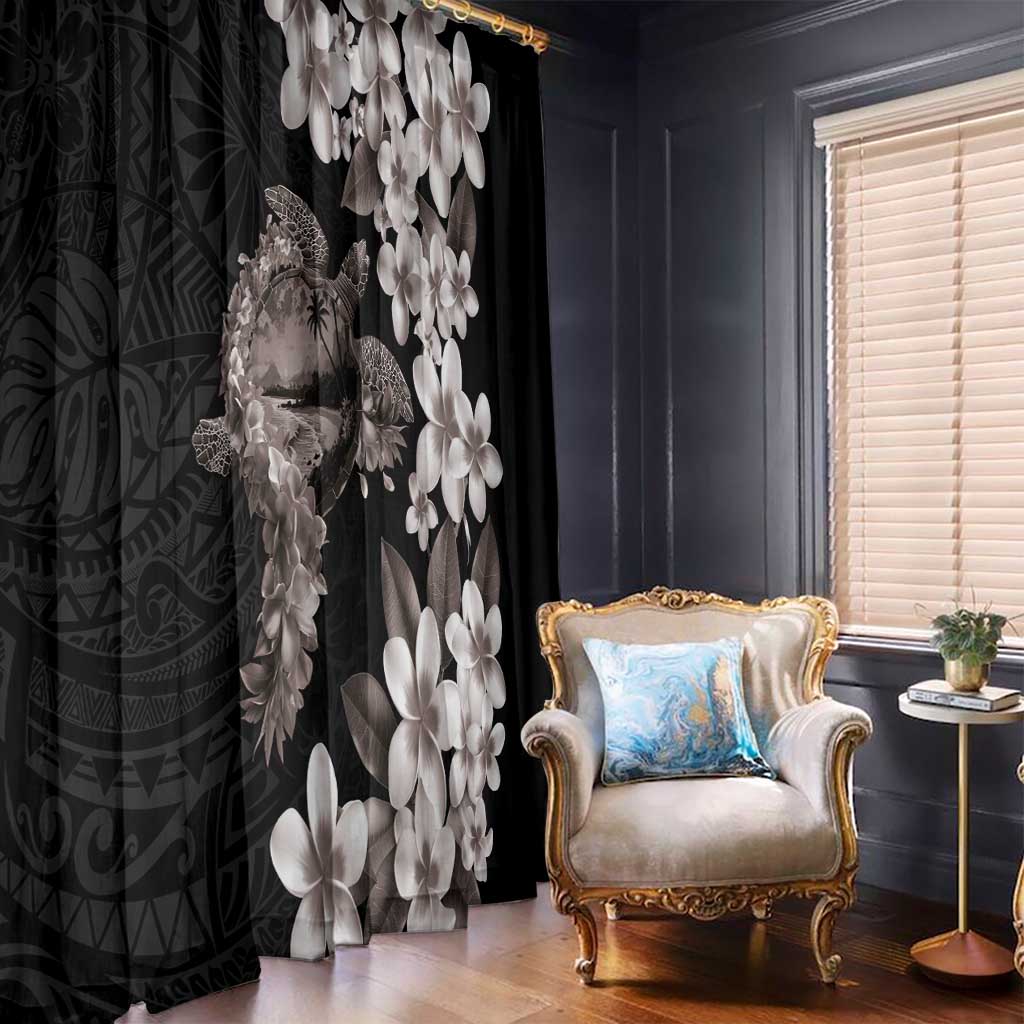 Hawaiian Lei Day Window Curtain Plumeria and Turtle with Polynesian Tribal Pattern Grayscale Color LT03 - Polynesian Pride