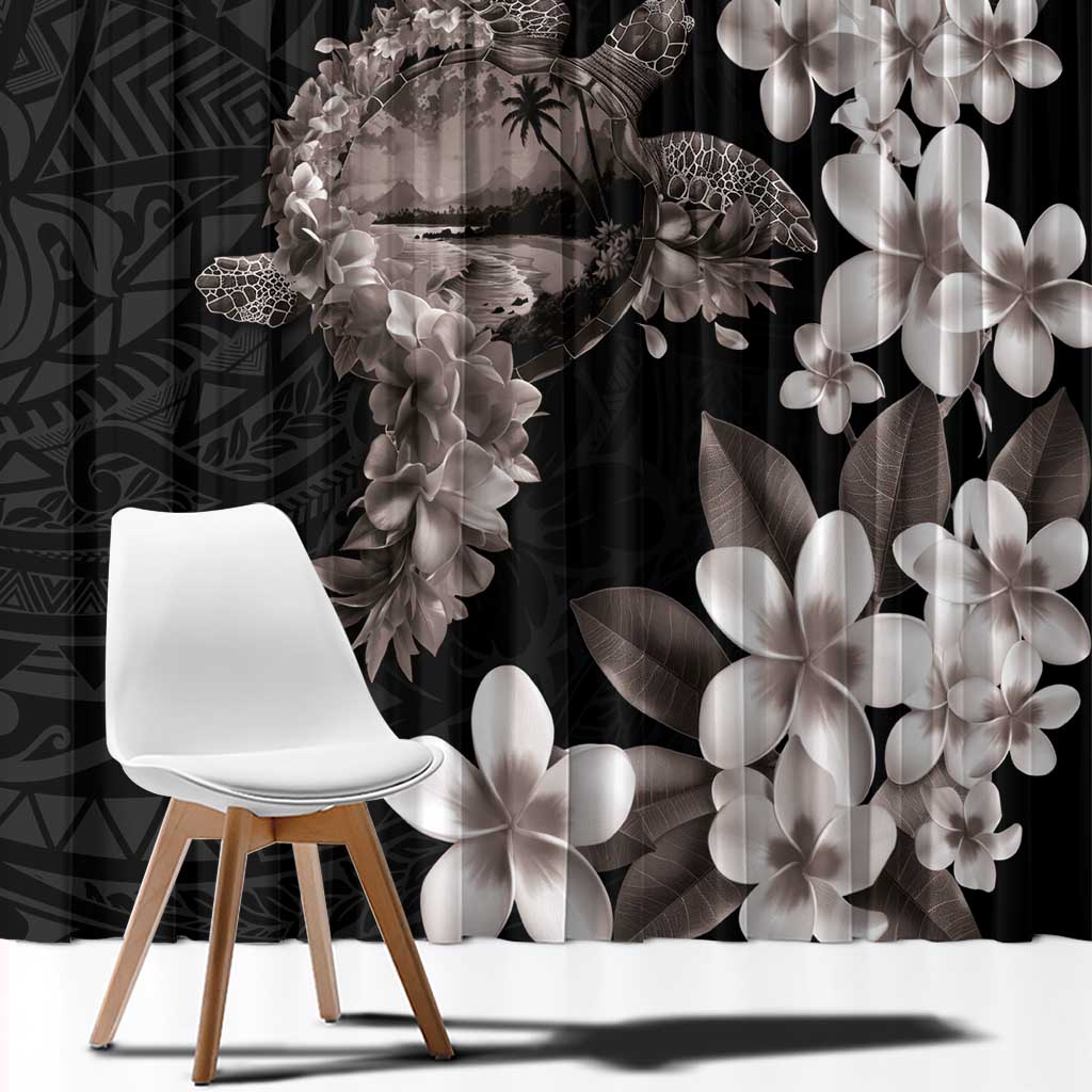 Hawaiian Lei Day Window Curtain Plumeria and Turtle with Polynesian Tribal Pattern Grayscale Color LT03 - Polynesian Pride