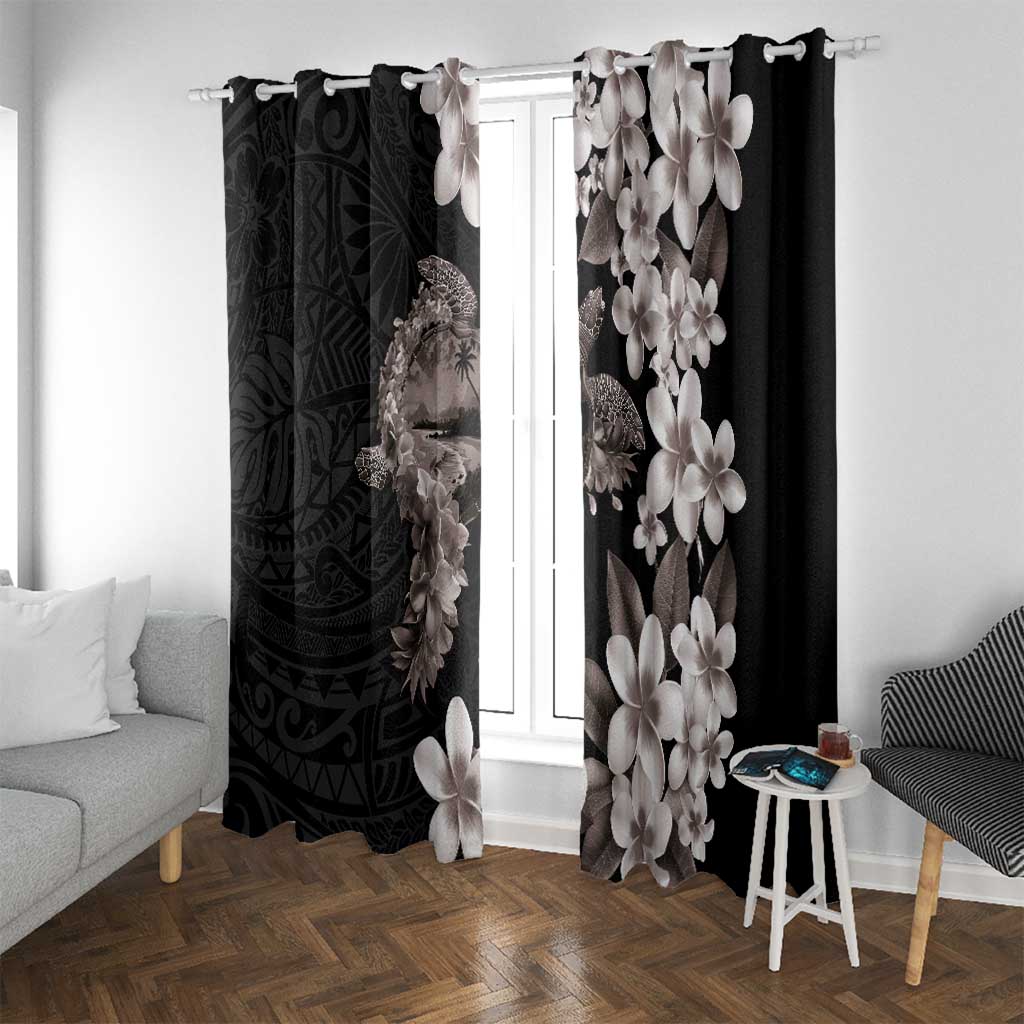 Hawaiian Lei Day Window Curtain Plumeria and Turtle with Polynesian Tribal Pattern Grayscale Color LT03 With Grommets Black - Polynesian Pride