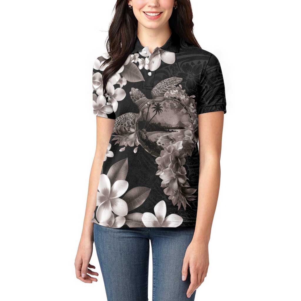 Hawaiian Lei Day Women Polo Shirt Plumeria and Turtle with Polynesian Tribal Pattern Grayscale Color
