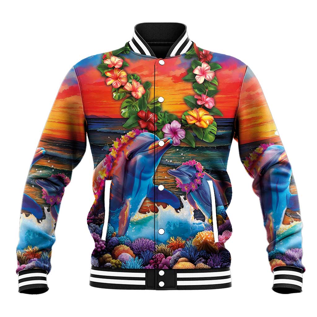 Hawaiian Lei Day Baseball Jacket Dolphins with Colorful Corals and Romantic Sunset LT03 Unisex Orange - Polynesian Pride
