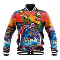 Hawaiian Lei Day Baseball Jacket Dolphins with Colorful Corals and Romantic Sunset LT03 Unisex Orange - Polynesian Pride