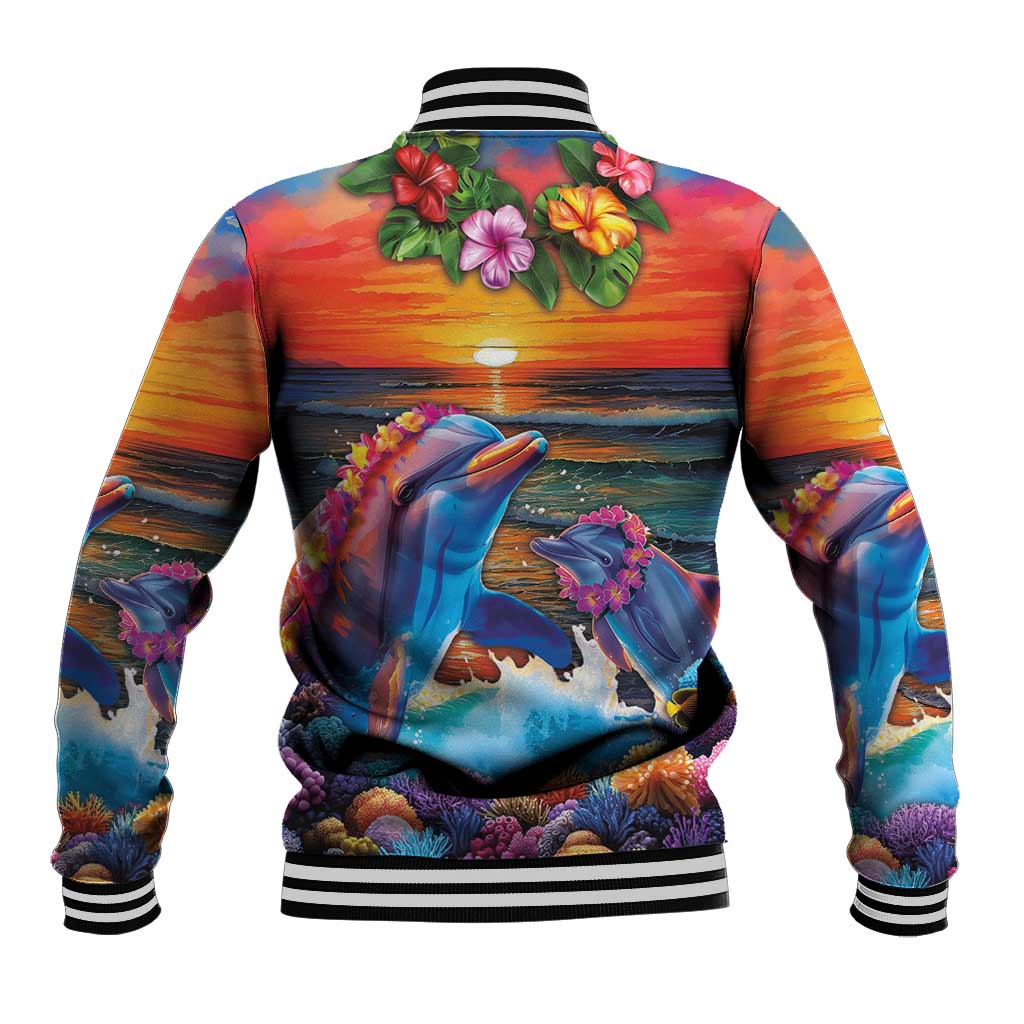Hawaiian Lei Day Baseball Jacket Dolphins with Colorful Corals and Romantic Sunset LT03 - Polynesian Pride