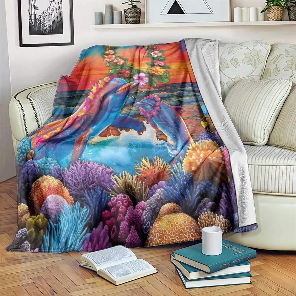 Hawaiian Lei Day Blanket Dolphins with Colorful Corals and Romantic Sunset LT03 Orange - Polynesian Pride