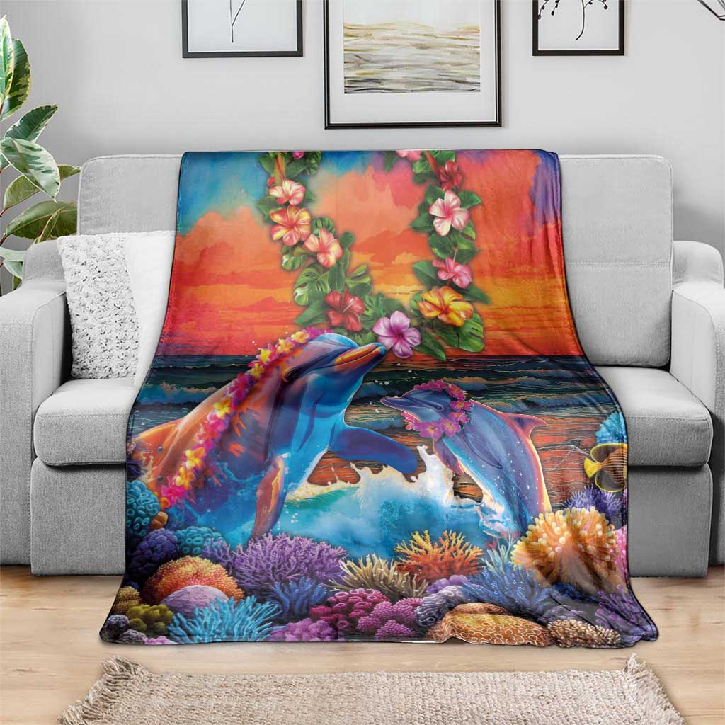 Hawaiian Lei Day Blanket Dolphins with Colorful Corals and Romantic Sunset LT03 - Polynesian Pride