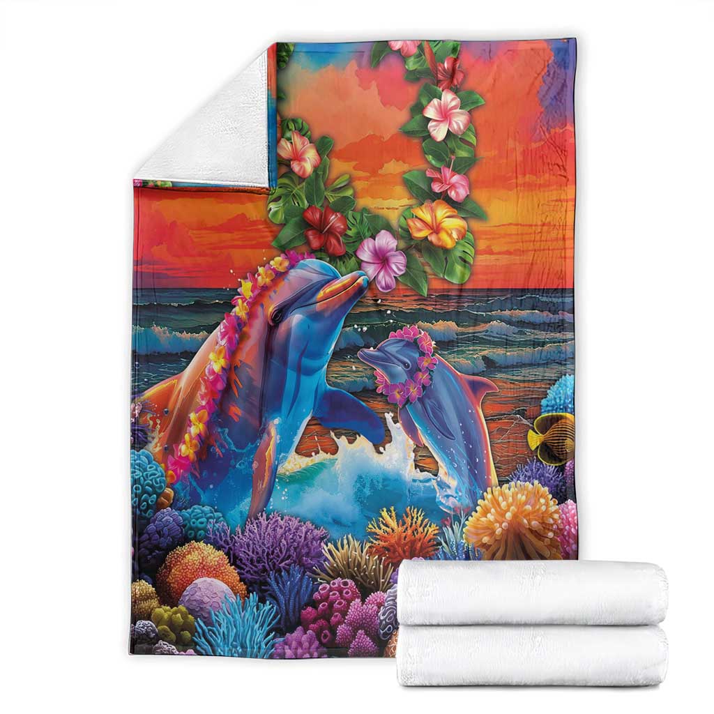 Hawaiian Lei Day Blanket Dolphins with Colorful Corals and Romantic Sunset LT03 - Polynesian Pride