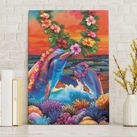 Hawaiian Lei Day Canvas Wall Art Dolphins with Colorful Corals and Romantic Sunset LT03 Without Frame Orange - Polynesian Pride