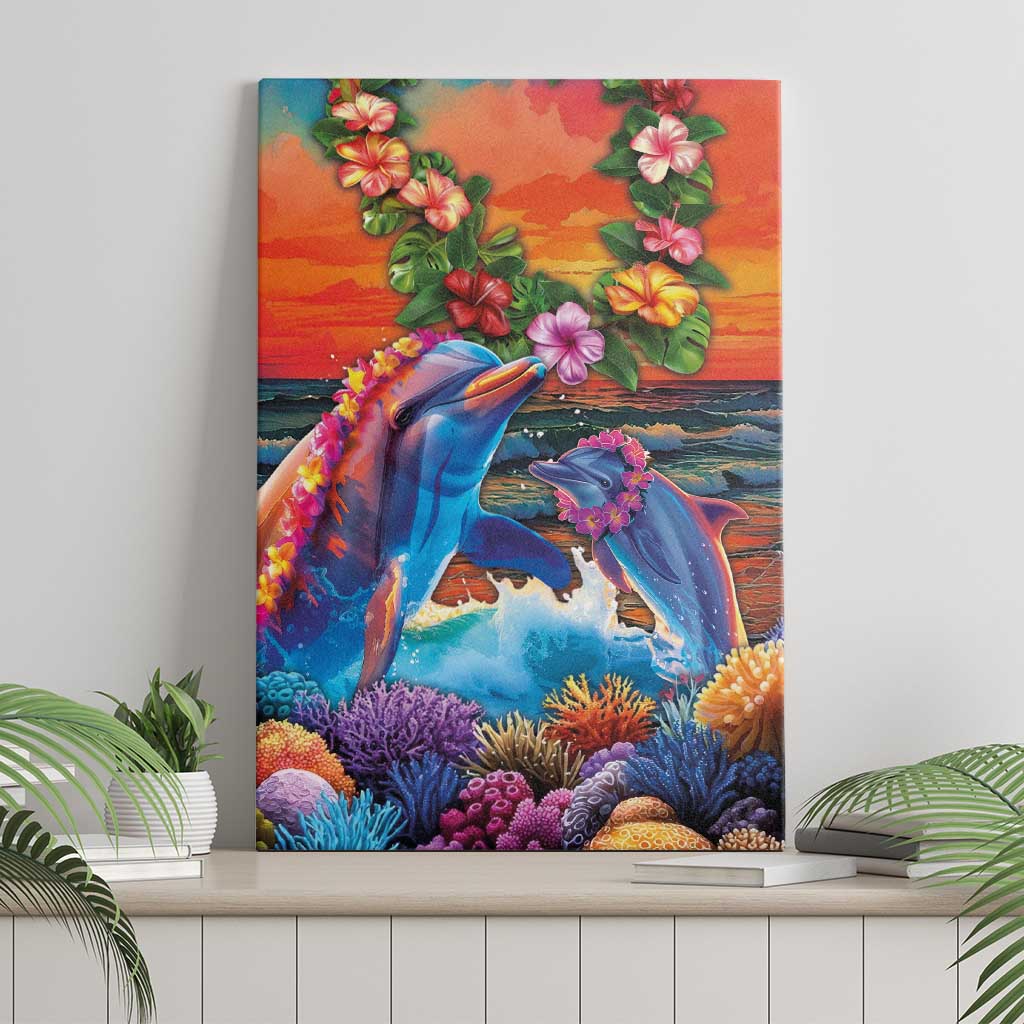 Hawaiian Lei Day Canvas Wall Art Dolphins with Colorful Corals and Romantic Sunset LT03 - Polynesian Pride