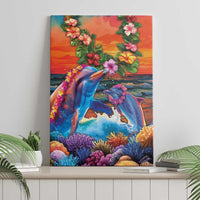 Hawaiian Lei Day Canvas Wall Art Dolphins with Colorful Corals and Romantic Sunset LT03 - Polynesian Pride