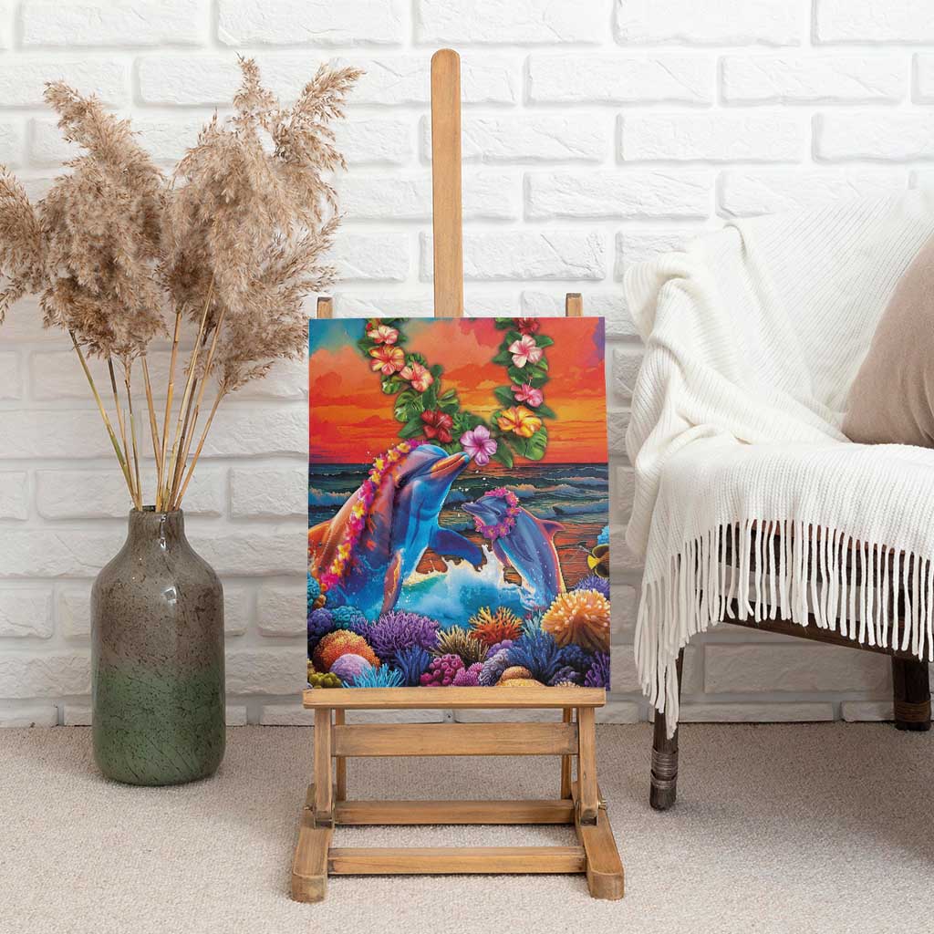 Hawaiian Lei Day Canvas Wall Art Dolphins with Colorful Corals and Romantic Sunset LT03 - Polynesian Pride