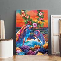 Hawaiian Lei Day Canvas Wall Art Dolphins with Colorful Corals and Romantic Sunset LT03 - Polynesian Pride