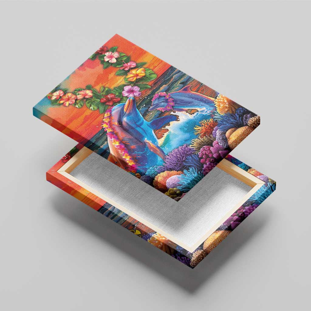 Hawaiian Lei Day Canvas Wall Art Dolphins with Colorful Corals and Romantic Sunset LT03 - Polynesian Pride