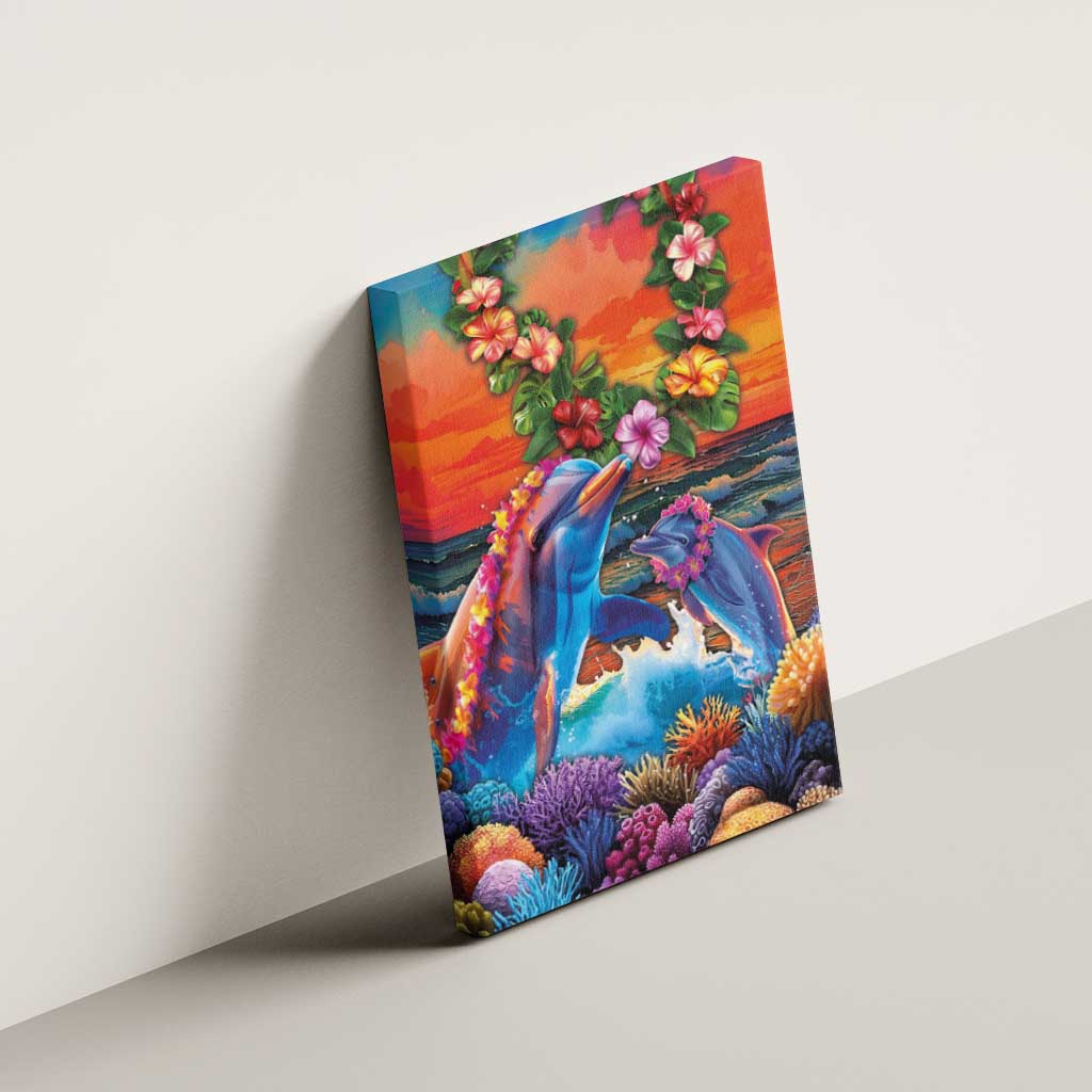 Hawaiian Lei Day Canvas Wall Art Dolphins with Colorful Corals and Romantic Sunset LT03 - Polynesian Pride