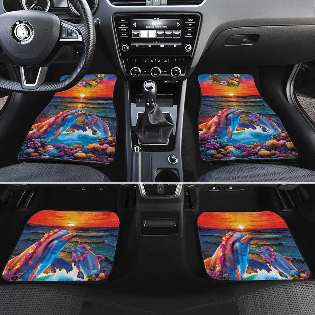 Hawaiian Lei Day Car Mats Dolphins with Colorful Corals and Romantic Sunset