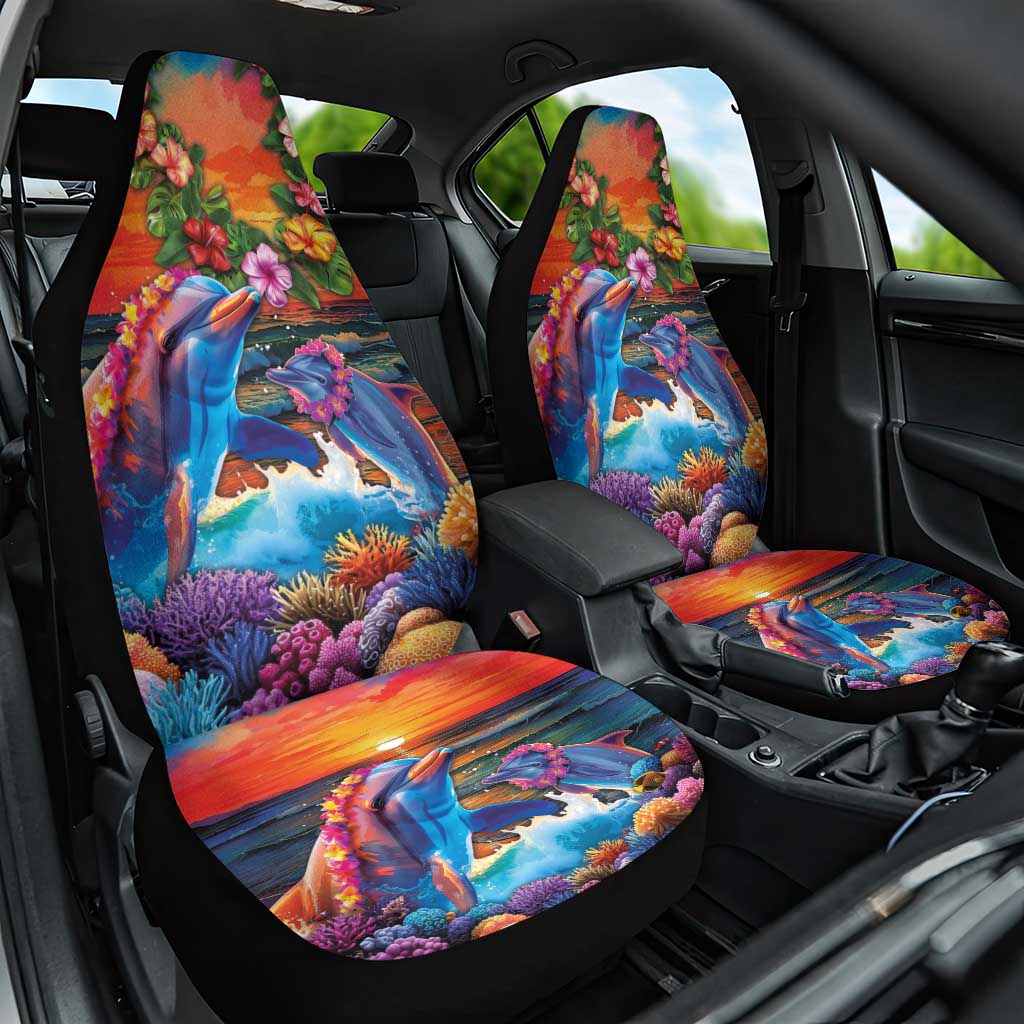 Hawaiian Lei Day Car Seat Cover Dolphins with Colorful Corals and Romantic Sunset