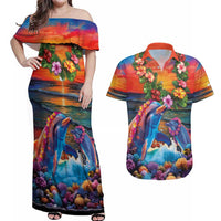 Hawaiian Lei Day Couples Matching Off Shoulder Maxi Dress and Hawaiian Shirt Dolphins with Colorful Corals and Romantic Sunset LT03 Orange - Polynesian Pride