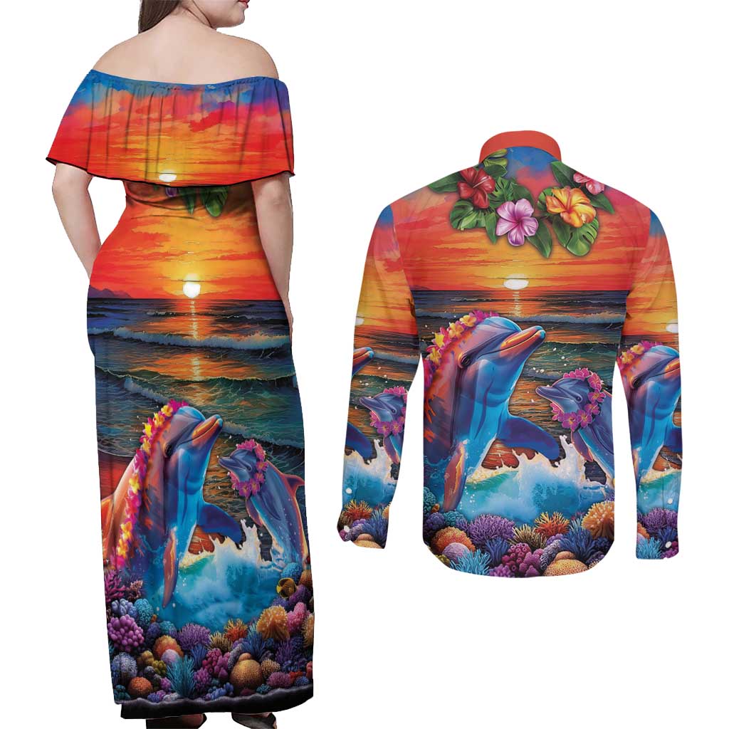 Hawaiian Lei Day Couples Matching Off Shoulder Maxi Dress and Long Sleeve Button Shirt Dolphins with Colorful Corals and Romantic Sunset LT03 - Polynesian Pride