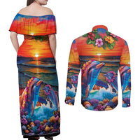Hawaiian Lei Day Couples Matching Off Shoulder Maxi Dress and Long Sleeve Button Shirt Dolphins with Colorful Corals and Romantic Sunset LT03 - Polynesian Pride