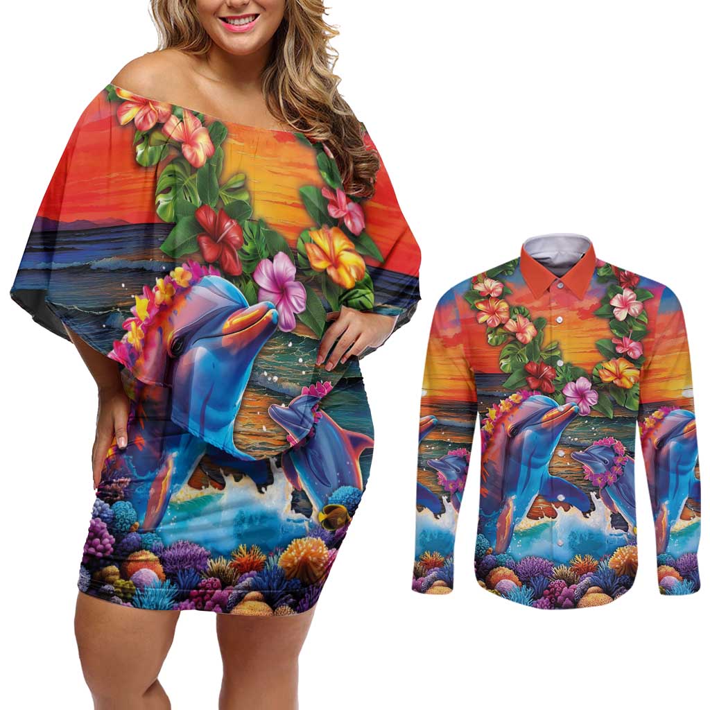 Hawaiian Lei Day Couples Matching Off Shoulder Short Dress and Long Sleeve Button Shirt Dolphins with Colorful Corals and Romantic Sunset LT03 Orange - Polynesian Pride