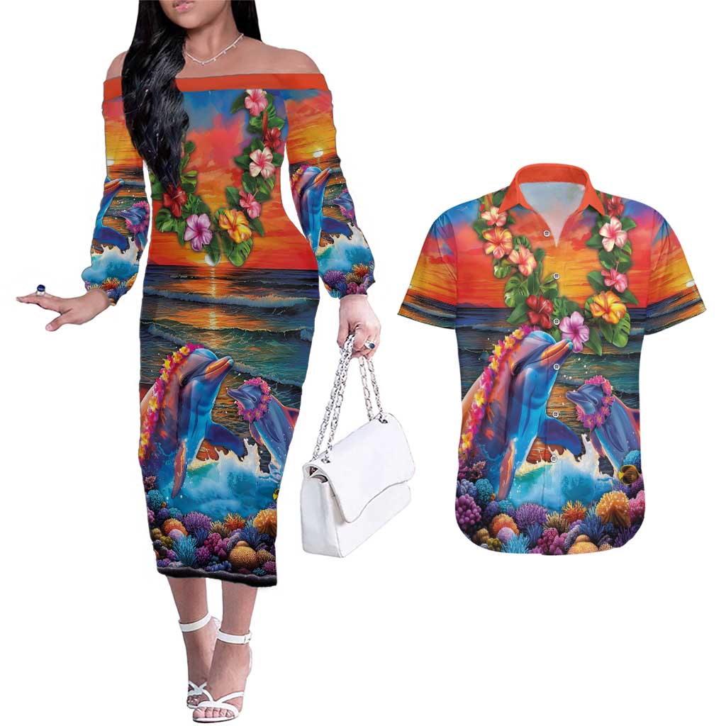 Hawaiian Lei Day Couples Matching Off The Shoulder Long Sleeve Dress and Hawaiian Shirt Dolphins with Colorful Corals and Romantic Sunset