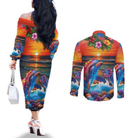 Hawaiian Lei Day Couples Matching Off The Shoulder Long Sleeve Dress and Long Sleeve Button Shirt Dolphins with Colorful Corals and Romantic Sunset LT03 - Polynesian Pride