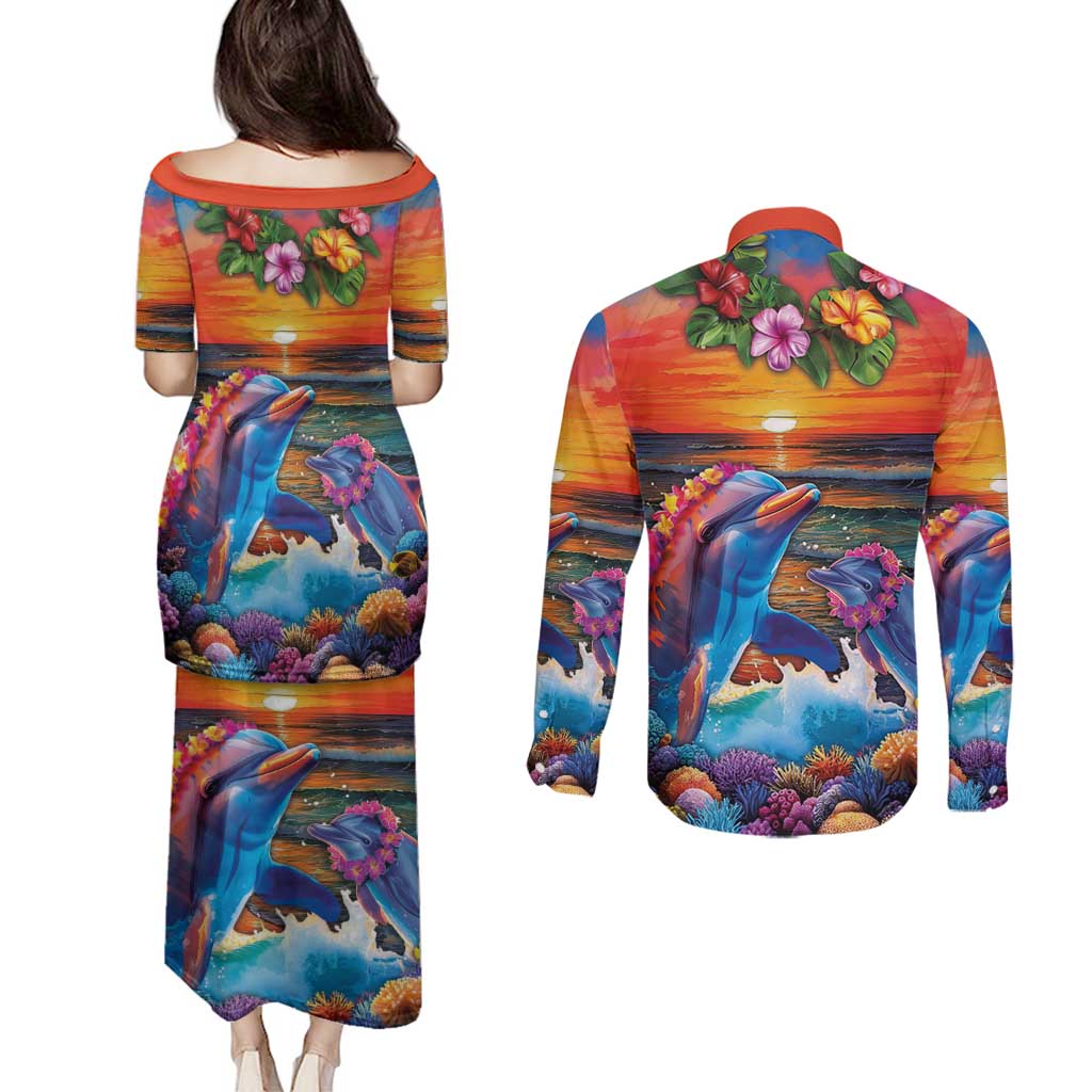 Hawaiian Lei Day Couples Matching Puletasi and Long Sleeve Button Shirt Dolphins with Colorful Corals and Romantic Sunset LT03 - Polynesian Pride