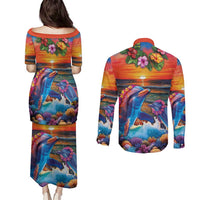 Hawaiian Lei Day Couples Matching Puletasi and Long Sleeve Button Shirt Dolphins with Colorful Corals and Romantic Sunset LT03 - Polynesian Pride