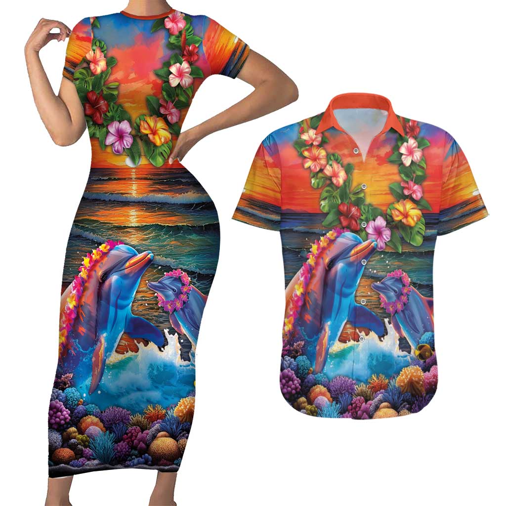 Hawaiian Lei Day Couples Matching Short Sleeve Bodycon Dress and Hawaiian Shirt Dolphins with Colorful Corals and Romantic Sunset LT03 Orange - Polynesian Pride