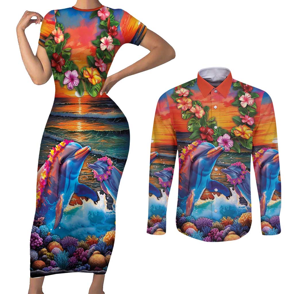Hawaiian Lei Day Couples Matching Short Sleeve Bodycon Dress and Long Sleeve Button Shirt Dolphins with Colorful Corals and Romantic Sunset LT03 Orange - Polynesian Pride