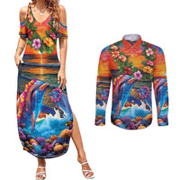 Hawaiian Lei Day Couples Matching Summer Maxi Dress and Long Sleeve Button Shirt Dolphins with Colorful Corals and Romantic Sunset LT03 Orange - Polynesian Pride