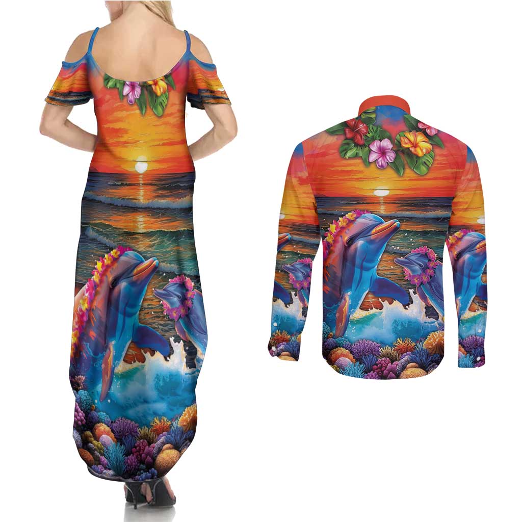 Hawaiian Lei Day Couples Matching Summer Maxi Dress and Long Sleeve Button Shirt Dolphins with Colorful Corals and Romantic Sunset LT03 - Polynesian Pride